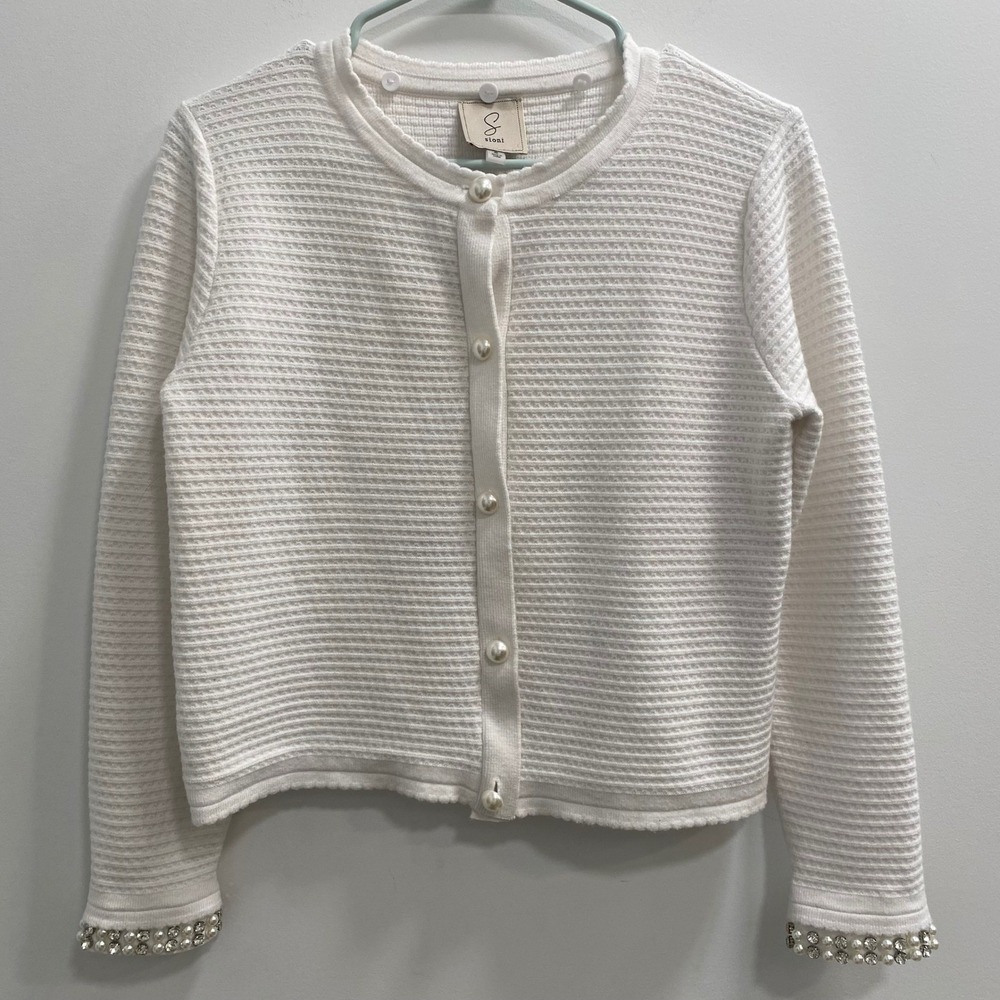 Sioni Cardigan W Sz S White Pearl Rhinestone Cuff Textured Sweater Quiet Luxury